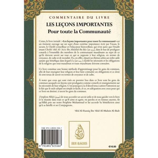 Quatrième de couverture des leçons importantes pour la communauté.