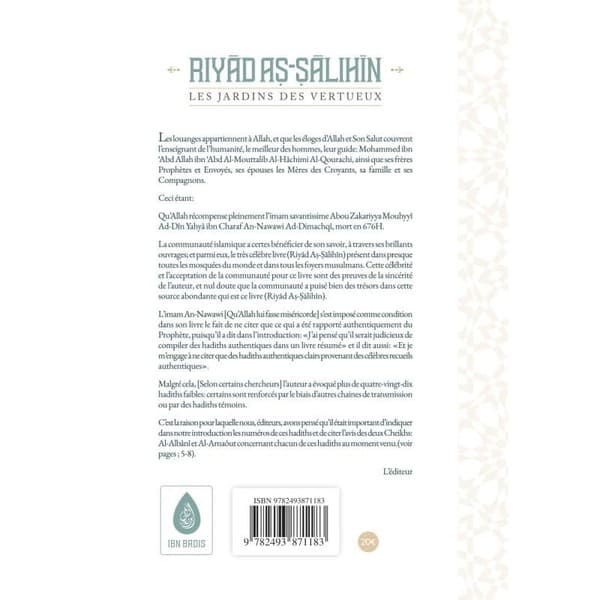 Quatrième de couverture de Riyad as Salihin