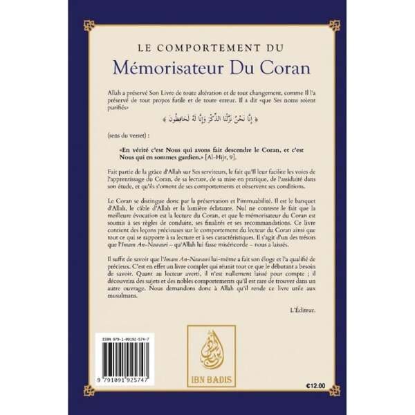 Quatrième de couverture du livre Le Comportement du Mémorisateur du Coran.